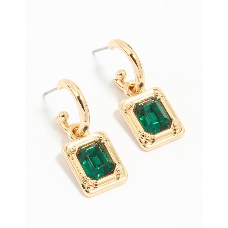 Gold Green Diamante Rectangle Drop Huggie Earrings