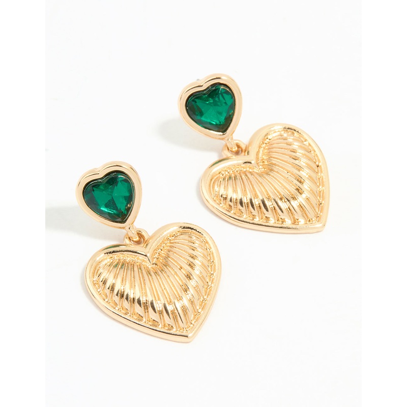 Gold Green Diamante Tiered Heart Drop Earrings
