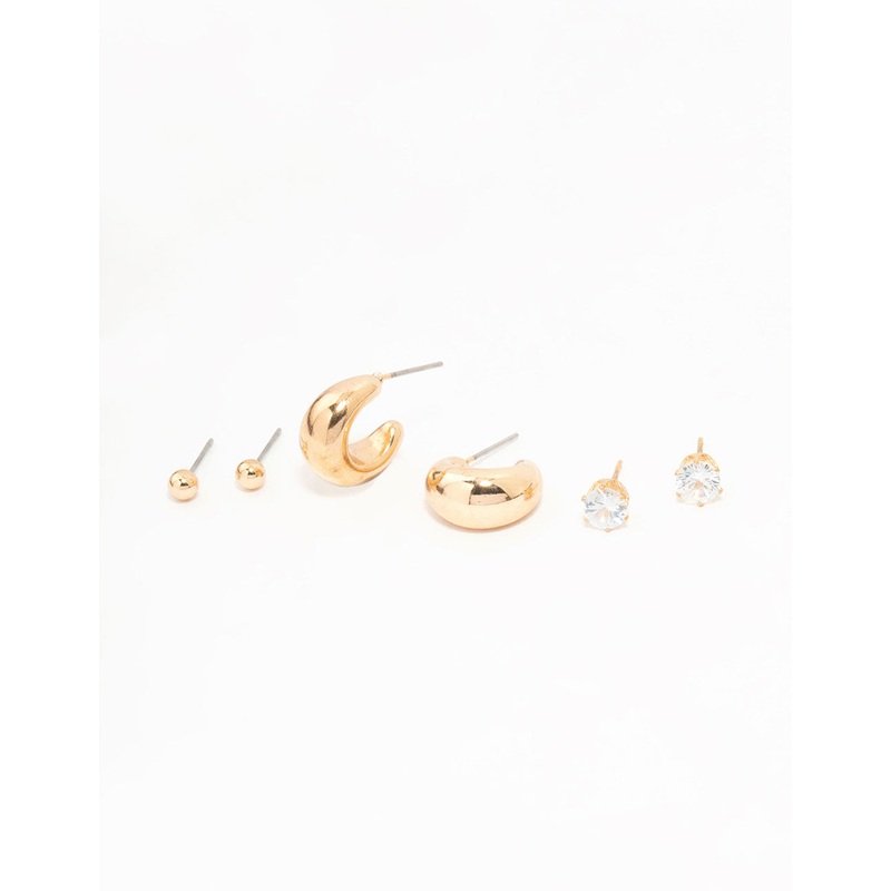 Gold Hoop, Sleek & Diamante stud Earrings 3-Pack