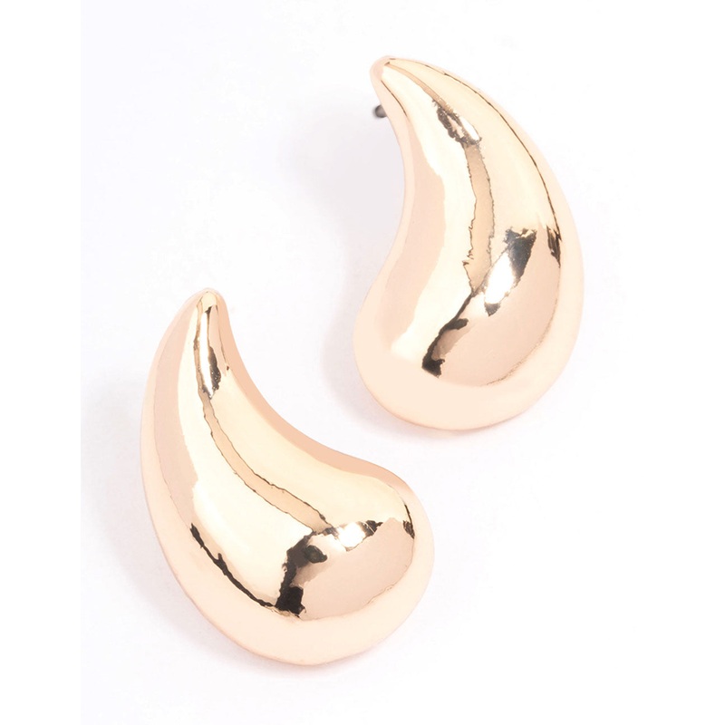 Gold Large Curved Droplet Stud Earrings