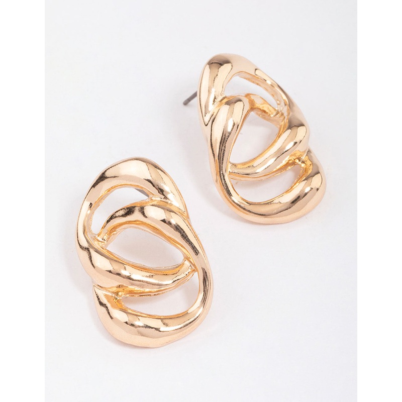 Gold Large Double Link Stud Earrings