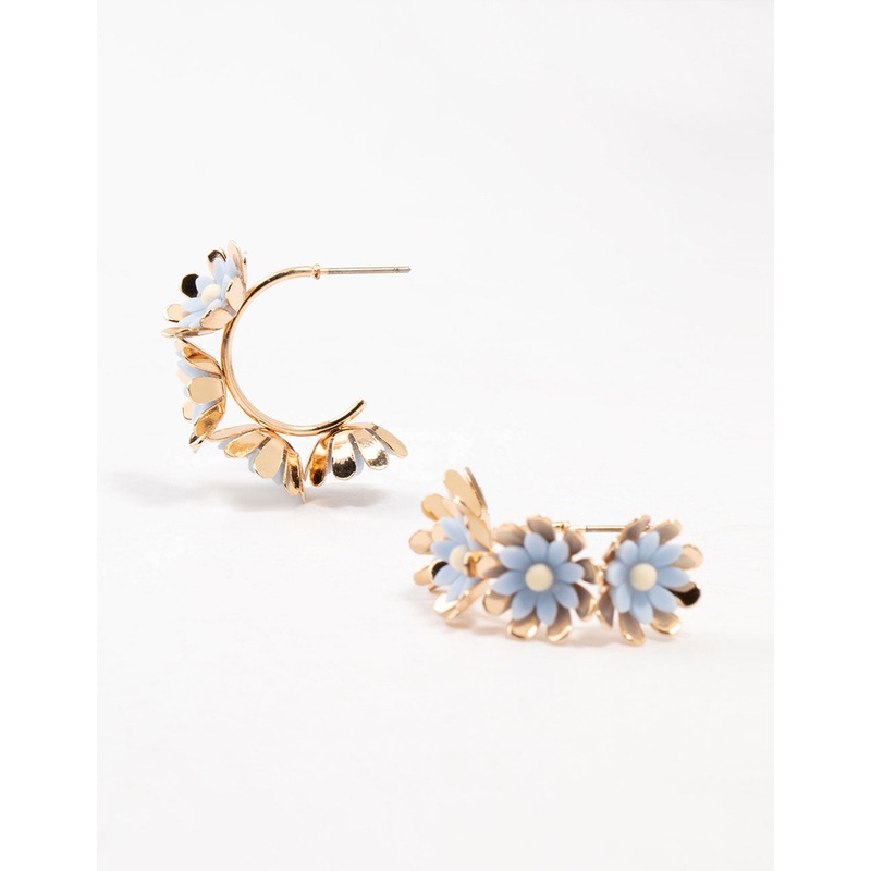 Gold Layered Blue Flower Hoop Earrings