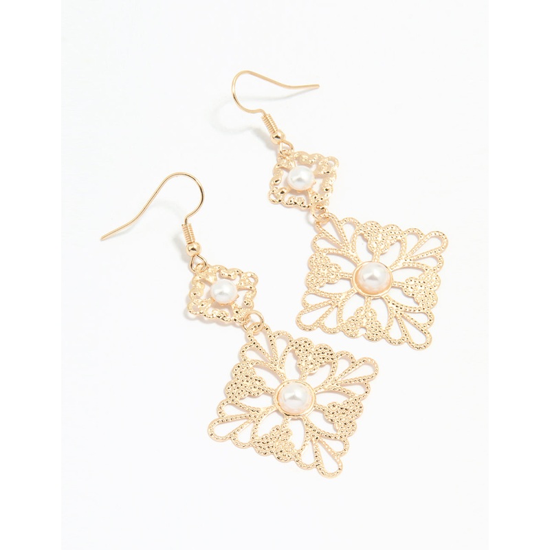 Gold Pearl Filigree Tiered Drop Earrings