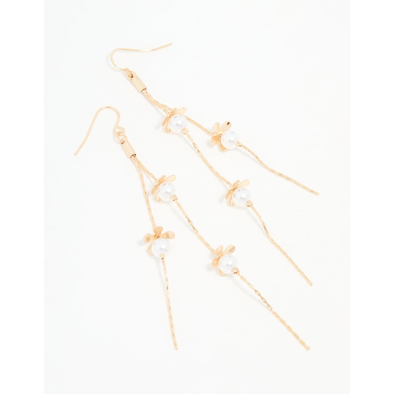 Gold Pearl Flower Chain Drop Earrings