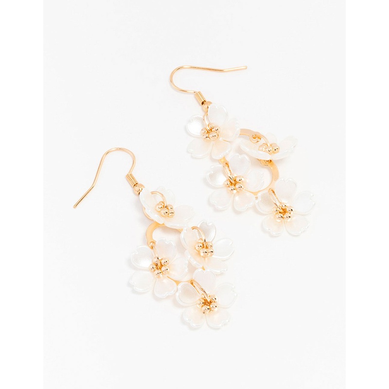 Gold Pearl Flower Vine Drop Earrings