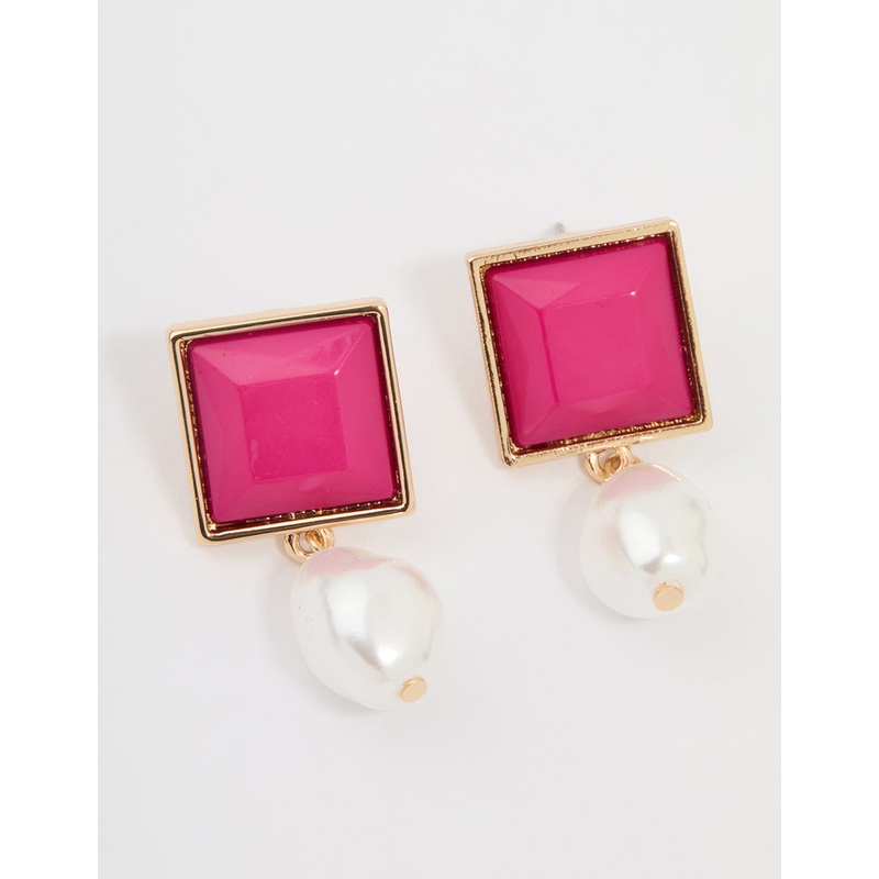 Gold Pearl & Hot Pink Square Drop Earrings
