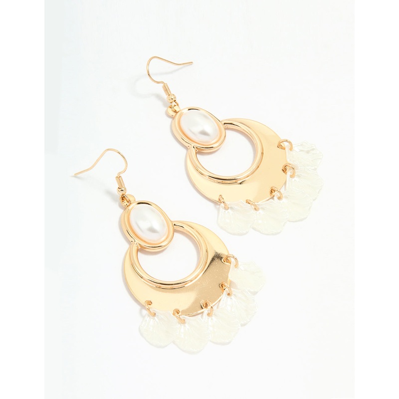 Gold Pearl Oval Petal Drop Earrings