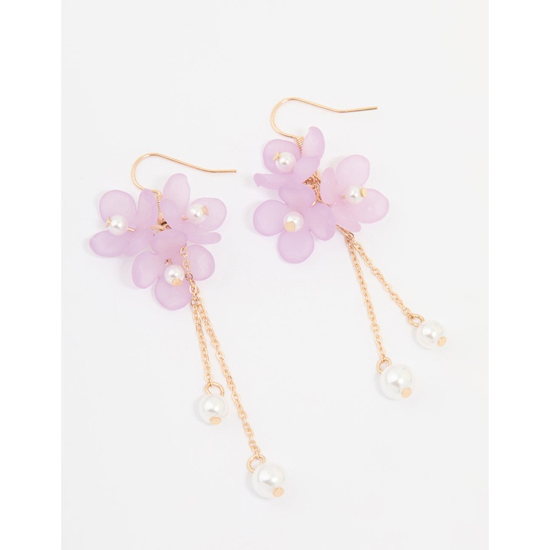 Gold Pearl & Pink Flower Chain Drop Earrings
