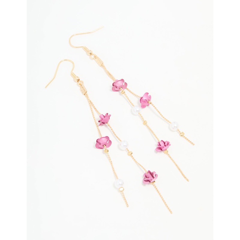 Gold Pearl & Pink Rose Chain Drop Earrings