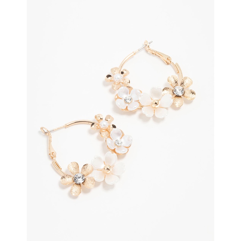 Gold Pearlised Flower Hoop Earrings