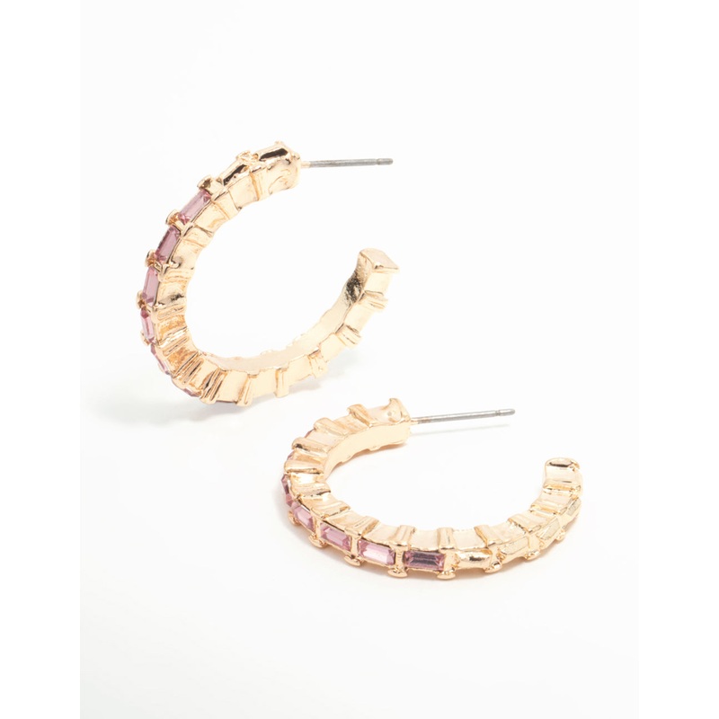 Gold Pink Baguette Diamante Hoop Earrings
