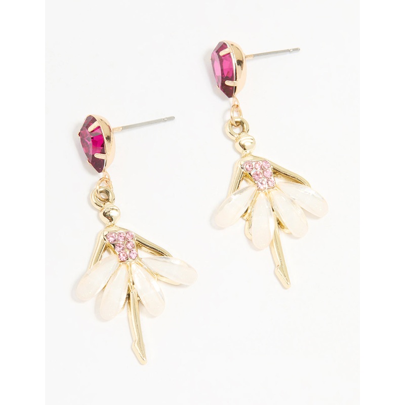 Gold Pink Diamante Ballerina Drop Earrings