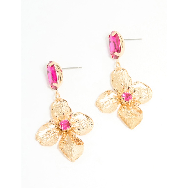 Gold Pink Diamante Hammered Flower Drop Earrings