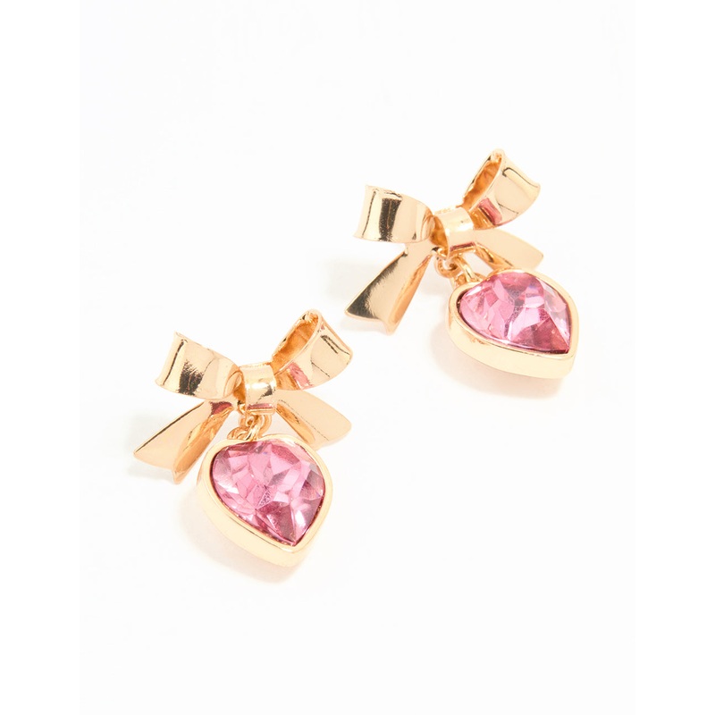 Gold Pink Diamante Heart & Bow Drop Earrings