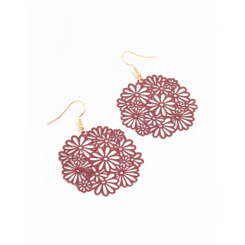Gold Pink Filigree Flower Drop Earrings