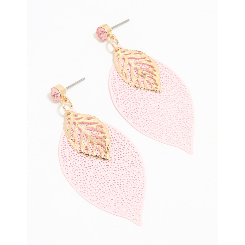 Gold Pink & Filigree Leaf Drop Earrings