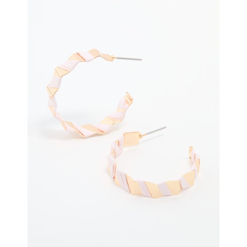 Gold Pink Paper Ridge Hoop Earrings