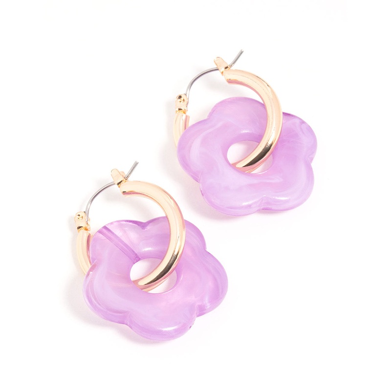 Gold Purple Acrylic Flower Hoop Earrings