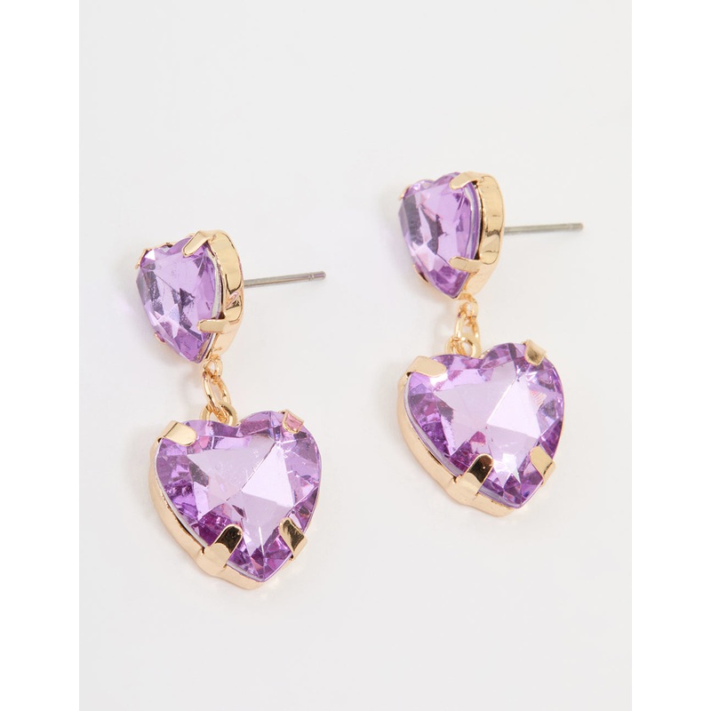 Gold Purple Diamante Heart Drop Earrings