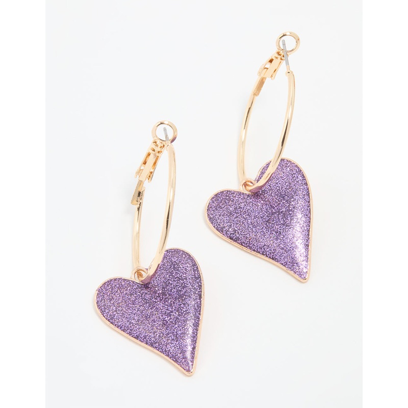 Gold Purple Sparkle Heart Drop Hoop Earrings