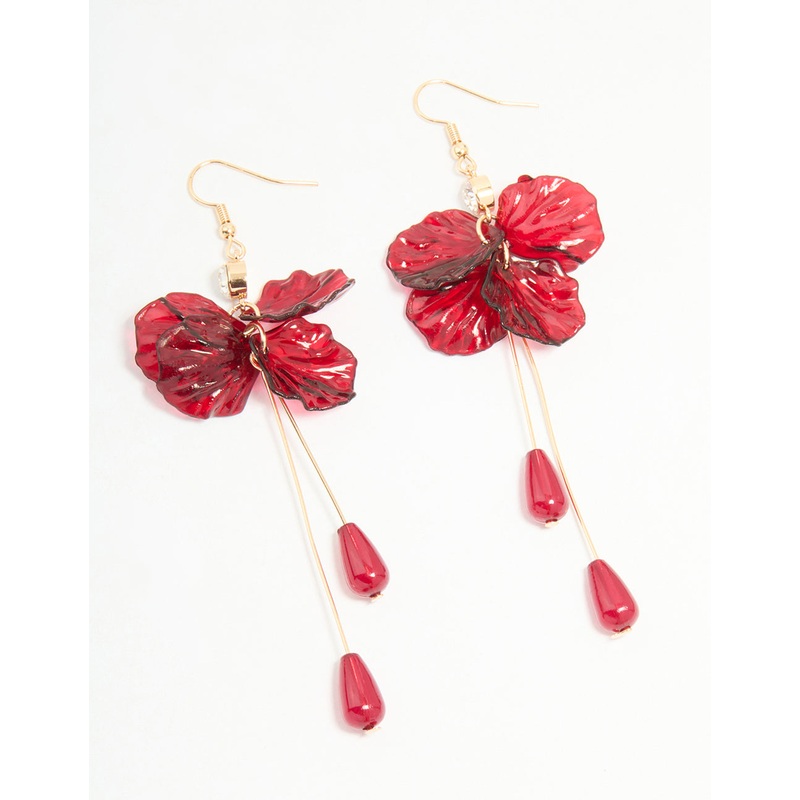 Gold Red Beaded & Diamante Flower Drop Earrings