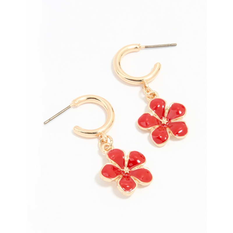 Gold Red Flower Hoop Earrings|Default Title