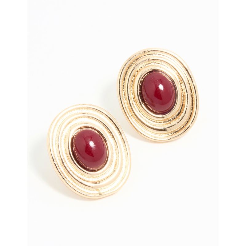 Gold Red Stone Vintage Round Statement Stud Earrings