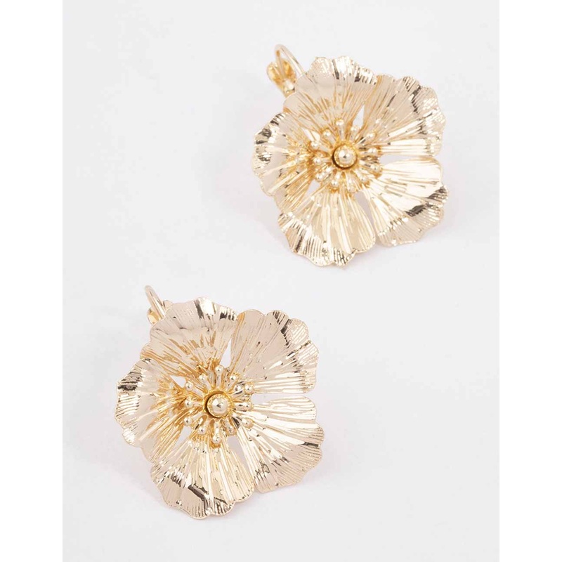 Gold Textured Flower Hoop Earrings