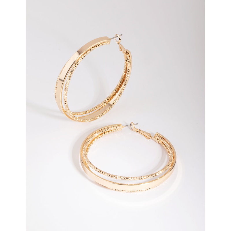 Gold Triple Textured Hoop Earrings