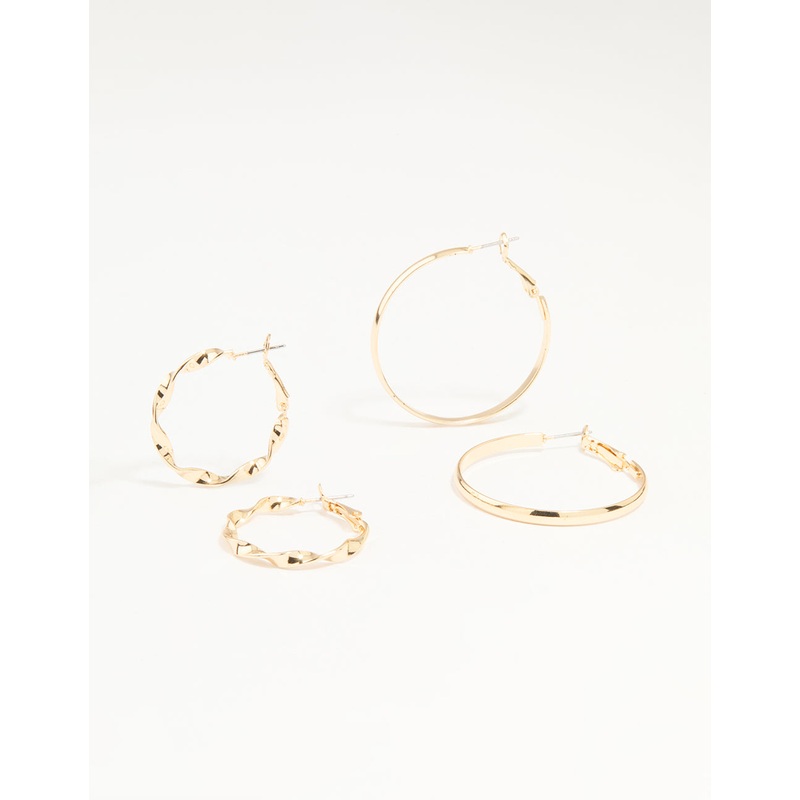 Gold Twisted & Plain Hoop Earrings 2-Pack