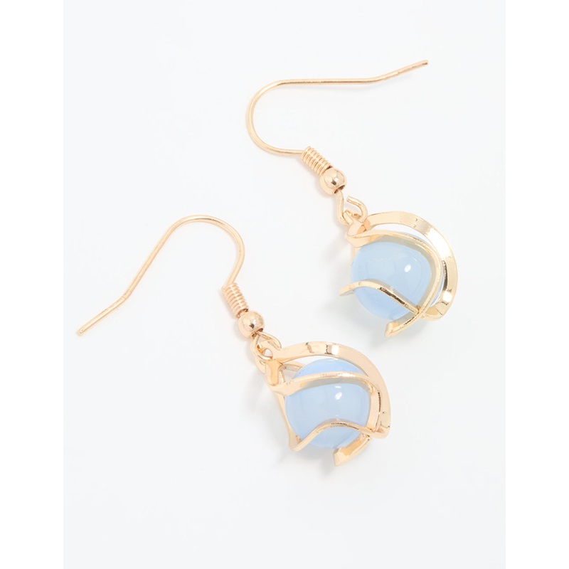 Gold Wire Wrapped Blue Beaded Drop Earrings