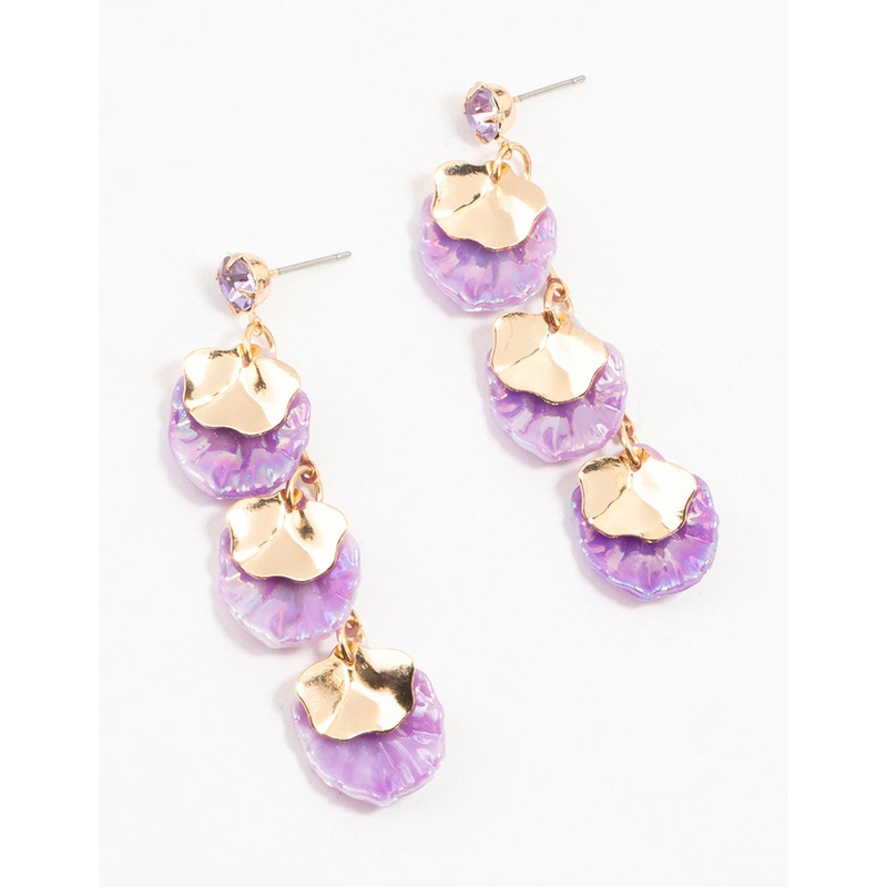 Purple Acrylic Pearlised Petal Drop Gold Earrings