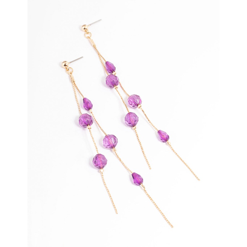 Purple Double String Bead Drop Earrings