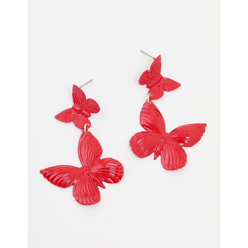Red Coated Metal Butterfly Drop Earrings