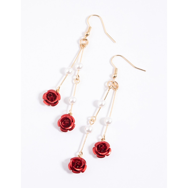 Red Stick Pearl & Rose Drop Earrings