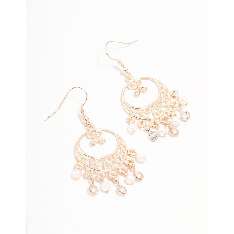 Rose Gold Filigree Pearl & Diamante Drop Earrings