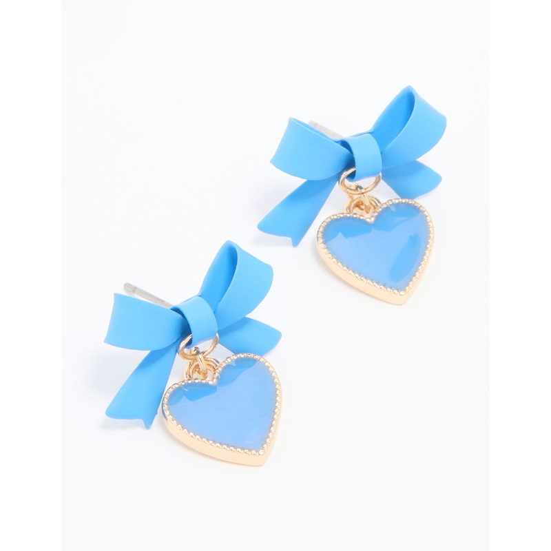 Gold Blue Coated Metal Bow Heart Drop Earrings