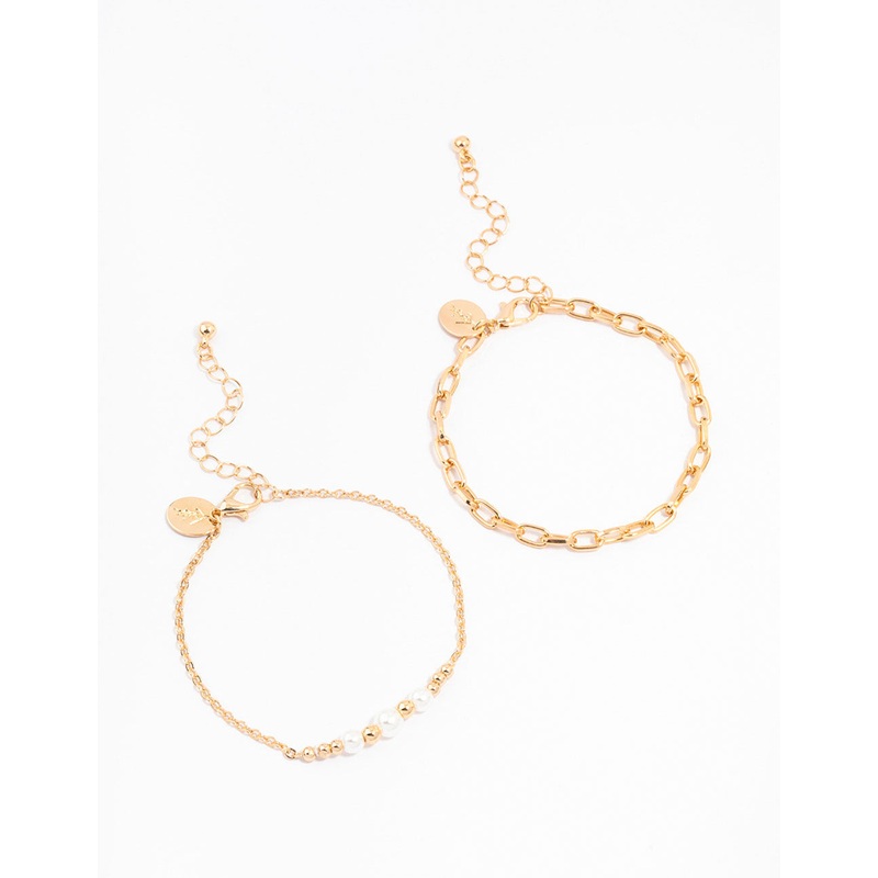 Gold Chain Link & Pearl Bracelets 2-Pack
