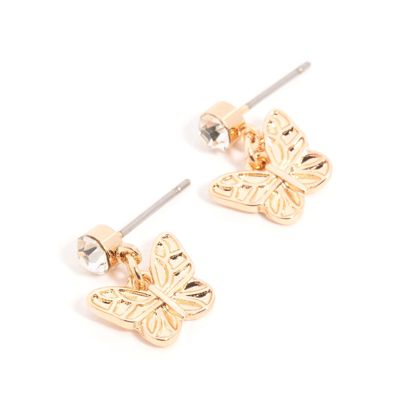 Gold Diamante Butterfly Drop Earrings