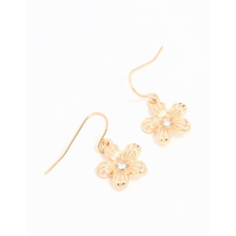 Gold Diamante Flower Drop Earrings