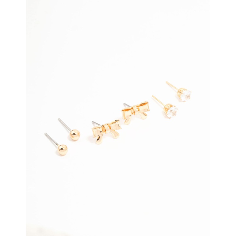 Gold Diamante, Sleek & Bow Stud Earrings 3-Pack