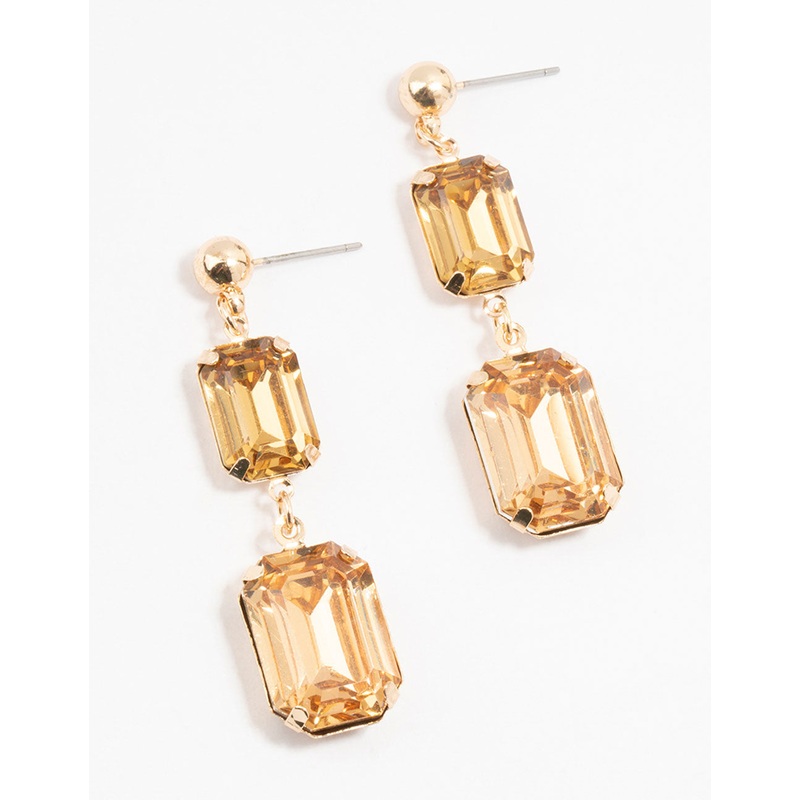 Gold Double Rectangle Orange  Diamante Drop Earrings