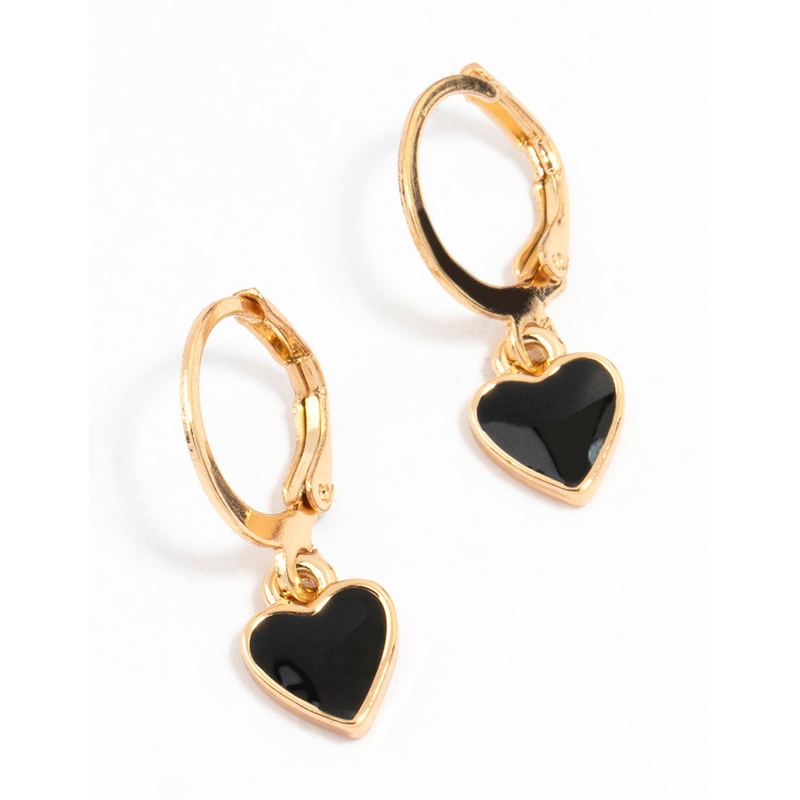 Gold Drop Heart Huggie Earrings Black