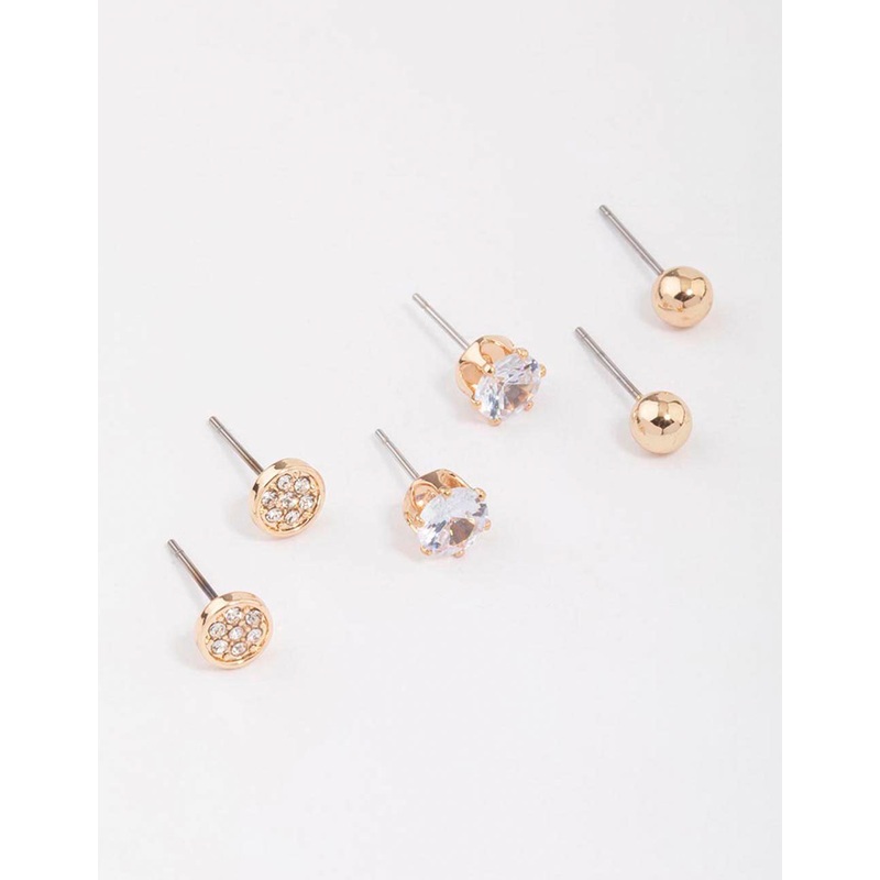 Gold Glitter Diamante Stud Earrings 3-Pack