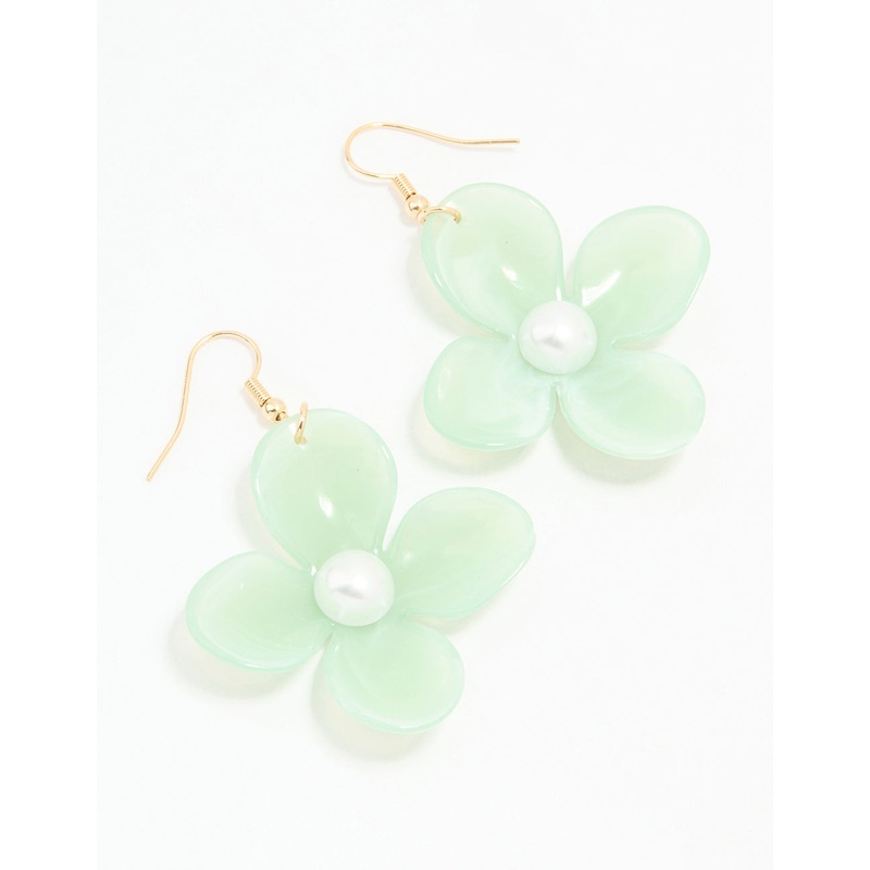 Gold Green Acrylic Pearl Center Flower Drop Earrings