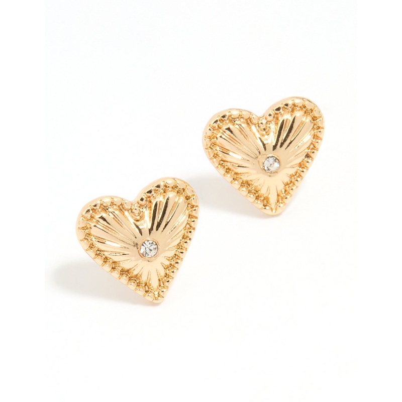 Gold Heart Diamante Stud Earrings