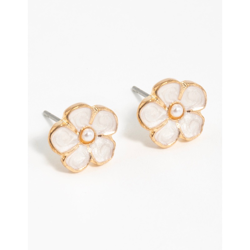 Gold Pearl Center Flower Stud Earrings