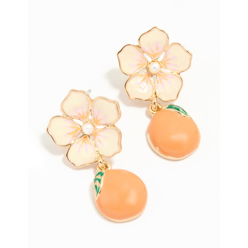 Gold Pearl Flower& Orange Drop Earrings