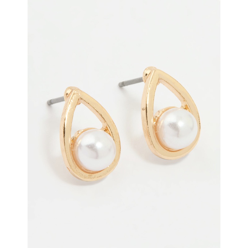Gold Pearl Teardrop Stud Earrings