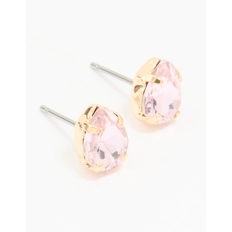 Gold Pink Diamante Pear Stud Earrings